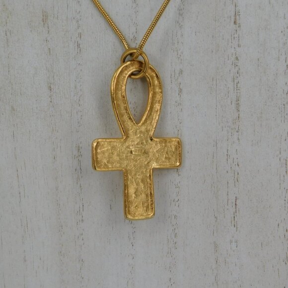 Anne Klein Ankh Necklace Gold Tone Egyptian Key of Life Pendant Long Over 28" - Picture 3 of 7